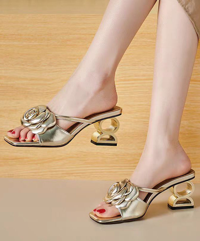 Stylish Gold Chunky Heel Floral Slide Sandals Peep Toe