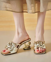 Stylish Gold Chunky Heel Floral Slide Sandals Peep Toe