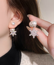 Stylish Gold Copper Alloy Pearl Snowflake Stud Earrings