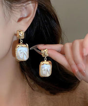 Stylish Gold Copper Alloy Pearl Square Wrinkled Drop Earrings