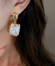 Stylish Gold Copper Alloy Pearl Square Wrinkled Drop Earrings