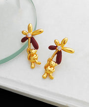 Stylish Gold Copper Overgild Oil Drip Zircon Little Bear Floral Stud Earrings