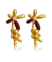 Stylish Gold Copper Overgild Oil Drip Zircon Little Bear Floral Stud Earrings