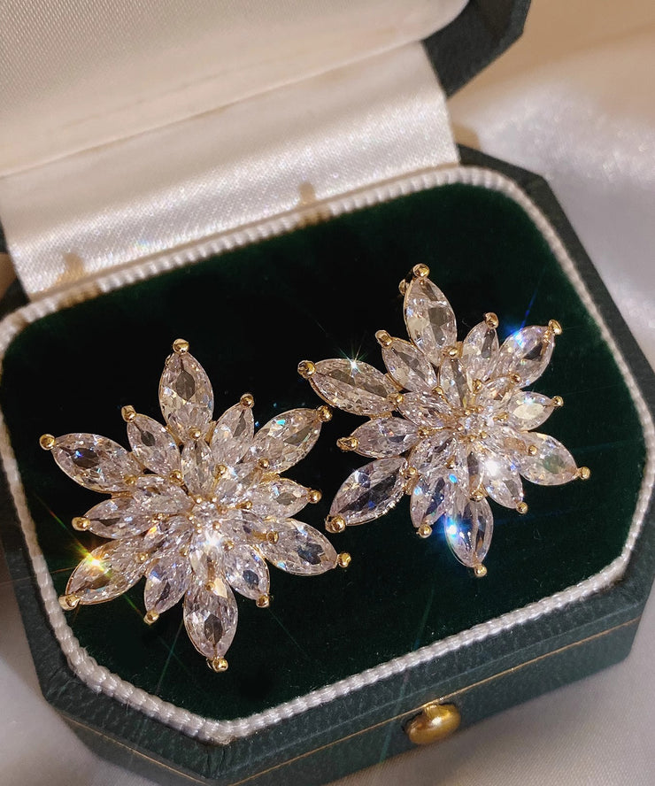 Stylish Gold Copper Overgild Zircon Crystal Snowflake Stud Earrings