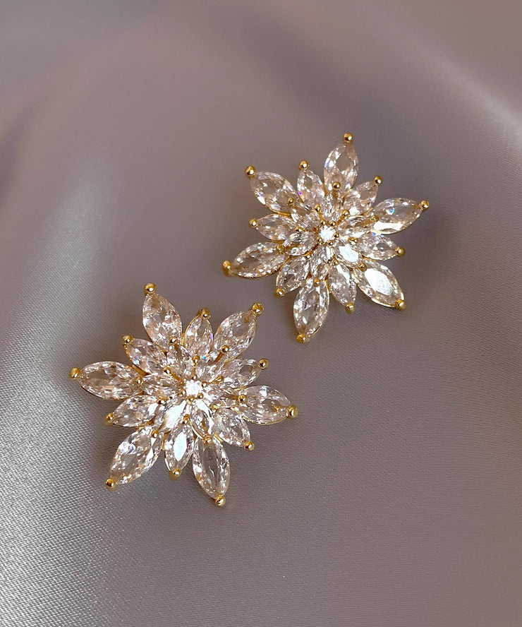 Stylish Gold Copper Overgild Zircon Crystal Snowflake Stud Earrings