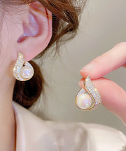 Stylish Gold Copper Overgild Zircon Pearl Fish Tail Water Drop Hoop Earrings