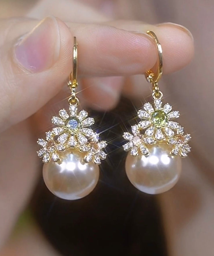 Stylish Gold Copper Zircon Pearl Drop Earrings