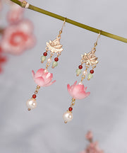 Stylish Gold Overgild Jade Coloured Glaze Lotus Tassel Drop Earrings