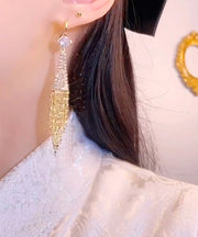 Stylish Gold Overgild Zircon Fan Shaped Chain Tassel Drop Earrings