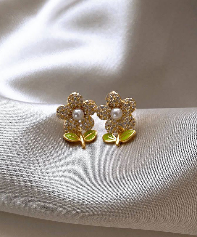 Stylish Gold Sterling Silver Alloy Zircon Pearl Floral Stud Earrings