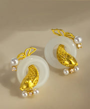 Stylish Gold Sterling Silver Overgild Jade Pearl Brocaded Carp Hoop Earrings