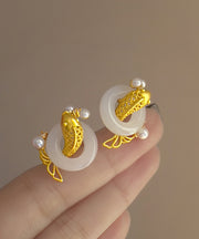 Stylish Gold Sterling Silver Overgild Jade Pearl Brocaded Carp Hoop Earrings