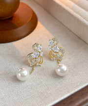 Stylish Gold Sterling Silver Overgild Zircon Butterfly Pearl Drop Earrings