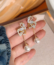 Stylish Gold Sterling Silver Overgild Zircon Butterfly Pearl Drop Earrings