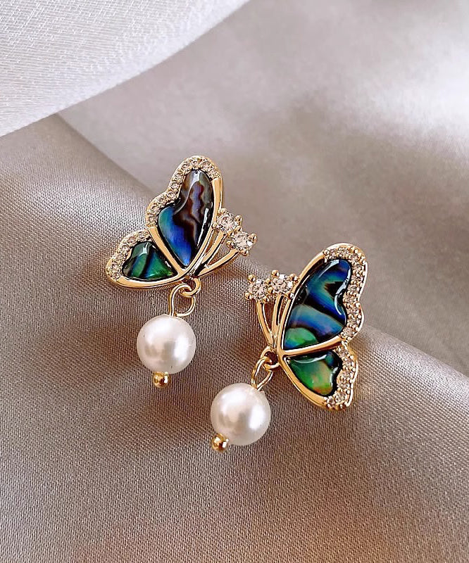 Stylish Gold Sterling Silver Overgild Zircon Drip Glaze Butterfly Pearl Stud Earrings