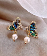 Stylish Gold Sterling Silver Overgild Zircon Drip Glaze Butterfly Pearl Stud Earrings