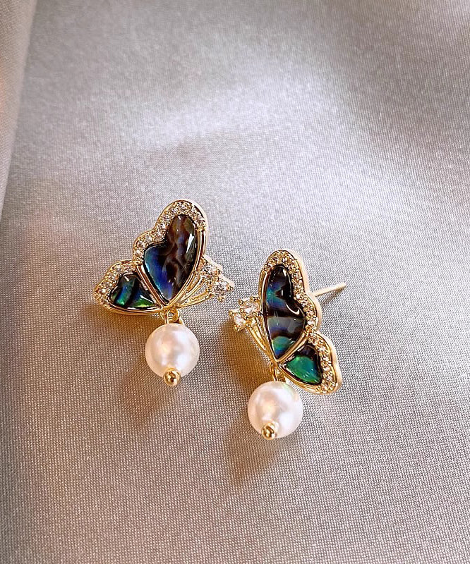 Stylish Gold Sterling Silver Overgild Zircon Drip Glaze Butterfly Pearl Stud Earrings