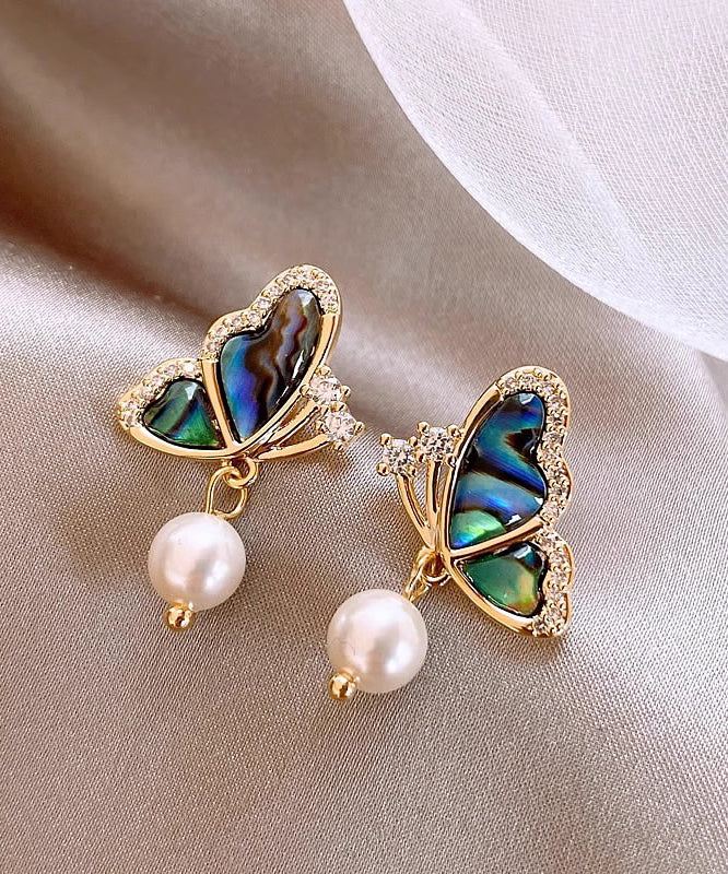 Stylish Gold Sterling Silver Overgild Zircon Drip Glaze Butterfly Pearl Stud Earrings