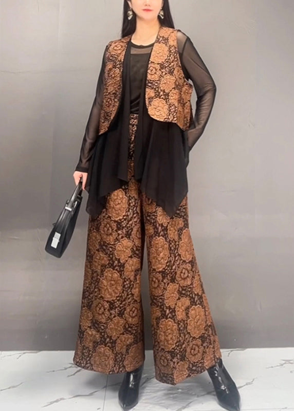 Stylish Gold Tulle Patchwork Coats And Wide Leg Pants Two Piece Set Spring