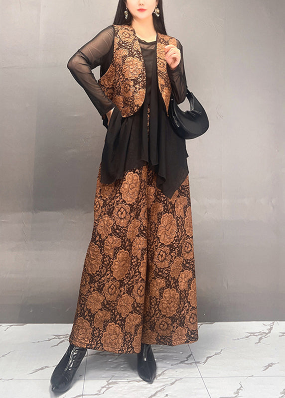 Stylish Gold Tulle Patchwork Coats And Wide Leg Pants Two Piece Set Spring