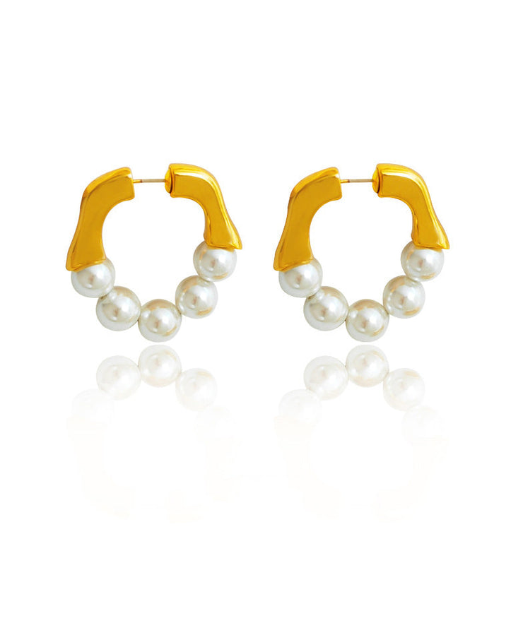 Stylish Gold White Colour Patchwork Copper Glass Pearl Hoop Earrings