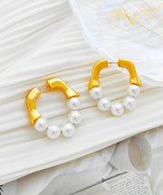 Stylish Gold White Colour Patchwork Copper Glass Pearl Hoop Earrings