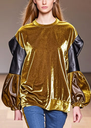 Stylish Golden Patchwork Silk Velour Blouses Lantern Sleeve