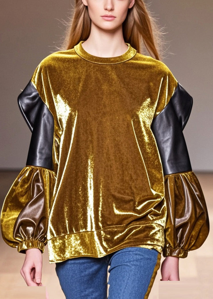 Stylish Golden Patchwork Silk Velour Blouses Lantern Sleeve