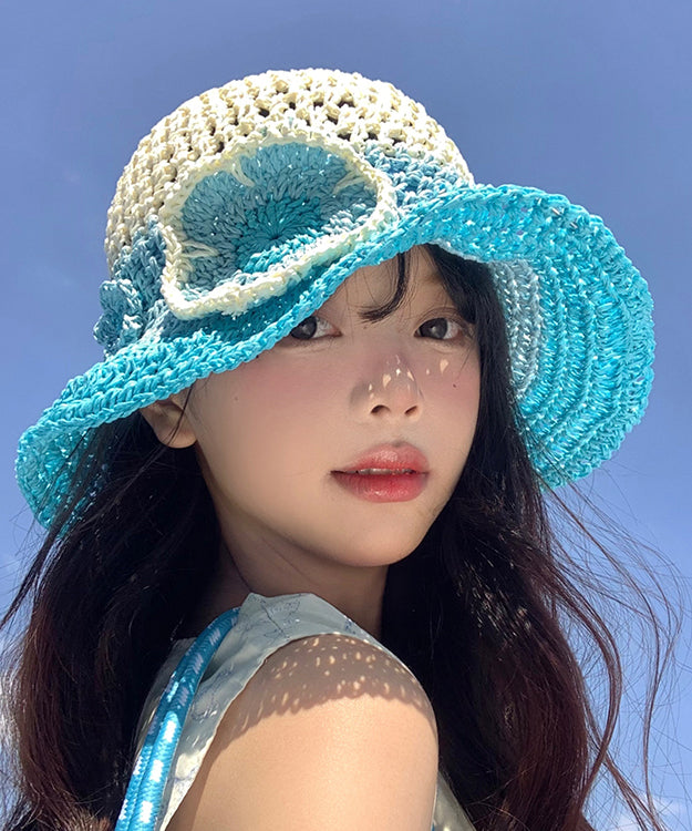 Stylish Gradient Blue Hollow Out Floral Straw Woven Floppy Sun Hat