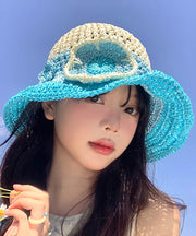 Stylish Gradient Blue Hollow Out Floral Straw Woven Floppy Sun Hat