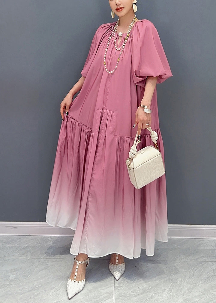 Stylish Gradient Pink Puff Sleeve Wrinkled Patchwork Cotton Long Dresses