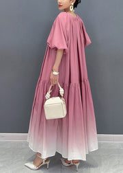 Stylish Gradient Pink Puff Sleeve Wrinkled Patchwork Cotton Long Dresses