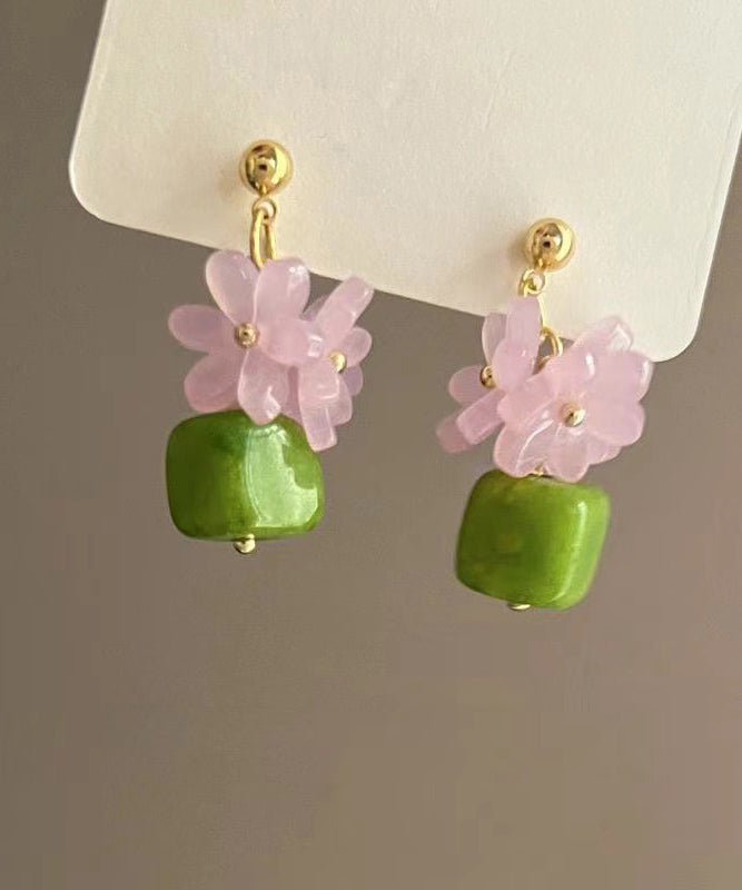 Stylish Green Alloy Resin Floral Block Drop Earrings