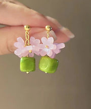 Stylish Green Alloy Resin Floral Block Drop Earrings