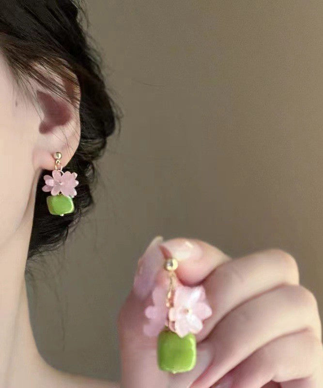 Stylish Green Alloy Resin Floral Block Drop Earrings