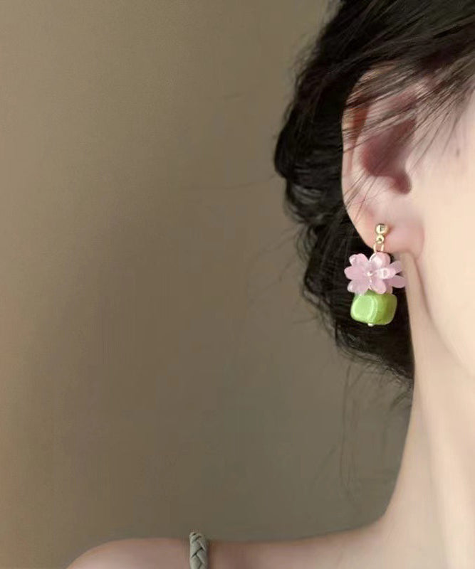 Stylish Green Alloy Resin Floral Block Drop Earrings