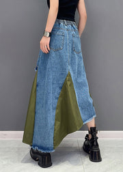 Stylish Green Asymmetrical Patchwork Denim Skirt Summer