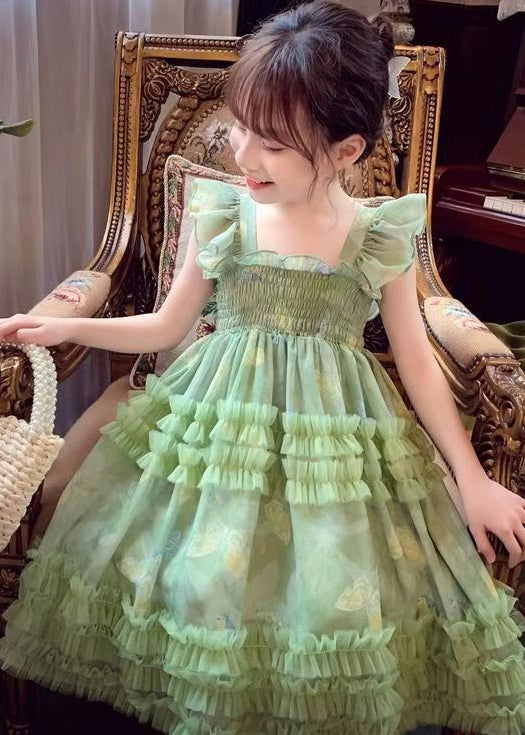 Stylish Green Bow Tulle Patchwork Girls Long Dress Summer