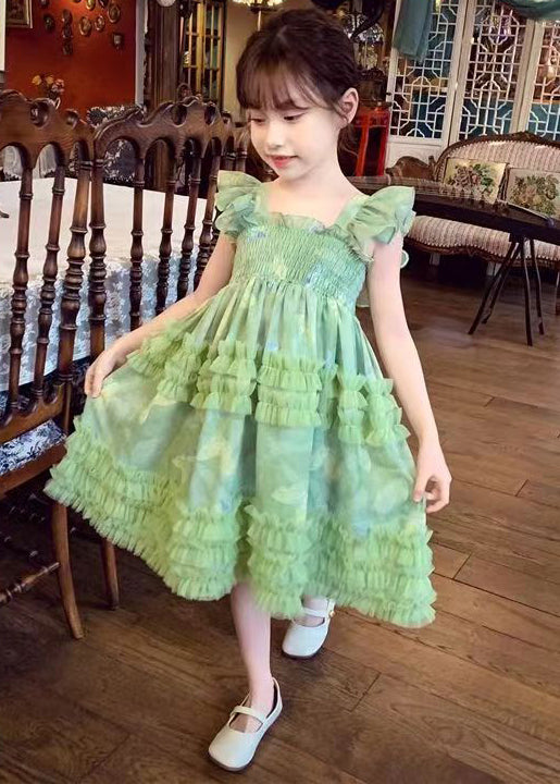 Stylish Green Bow Tulle Patchwork Girls Long Dress Summer