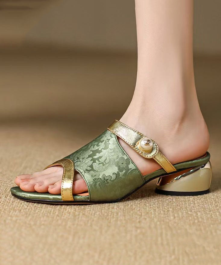 Stylish Green Cowhide Leather Splicing Slide Sandals Peep Toe