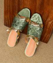 Stylish Green Cowhide Leather Splicing Slide Sandals Peep Toe