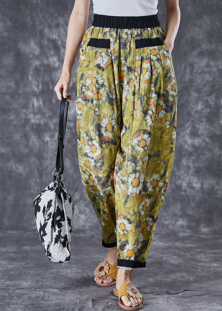 Stylish Green Elastic Waist Patchwork Print Cotton Harem Pants Summer