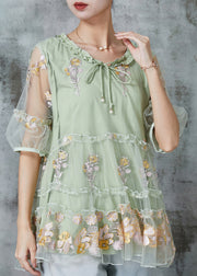 Stylish Green Embroidered Ruffled Tulle Blouse Tops Summer