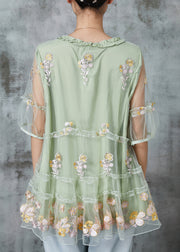 Stylish Green Embroidered Ruffled Tulle Blouse Tops Summer