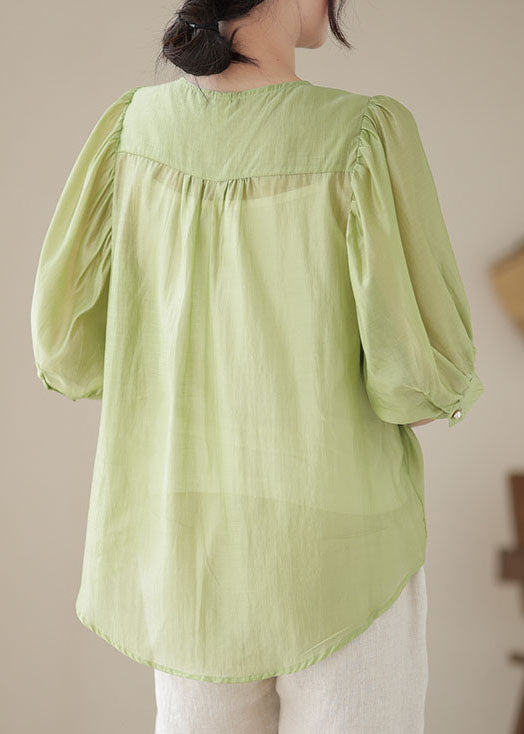 Stylish Green Embroideried Wrinkled Patchwork Cotton Shirts Summer