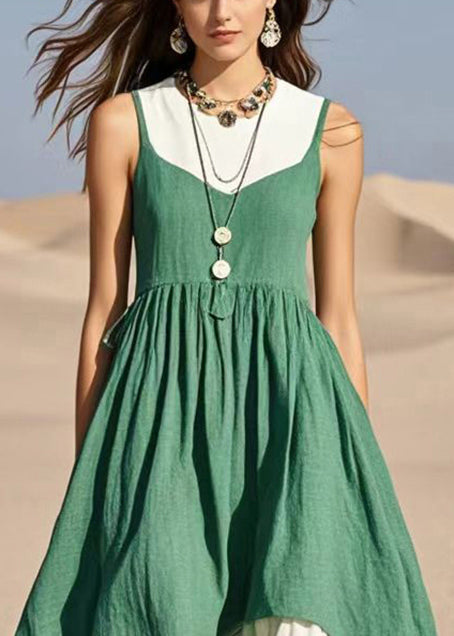 Stylish Green Exra Large Hem Patchwork Cotton Fake Two Piece Dress Sleeveless