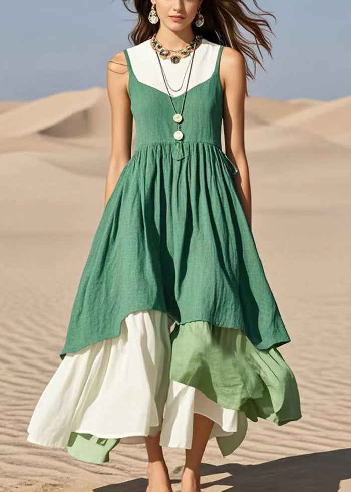 Stylish Green Exra Large Hem Patchwork Cotton Fake Two Piece Dress Sleeveless