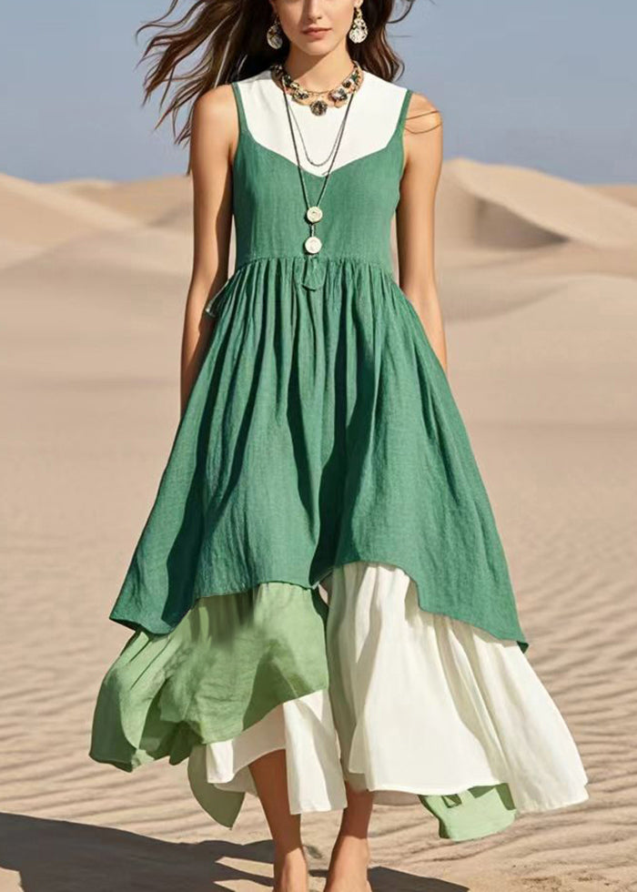 Stylish Green Exra Large Hem Patchwork Cotton Fake Two Piece Dress Sleeveless