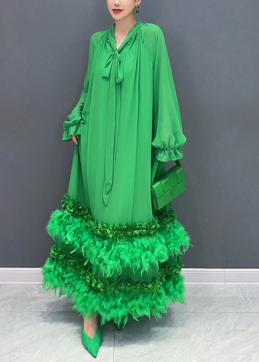 Stylish Green Feather Lace Up Patchwork Chiffon Maxi Dress Long Sleeve