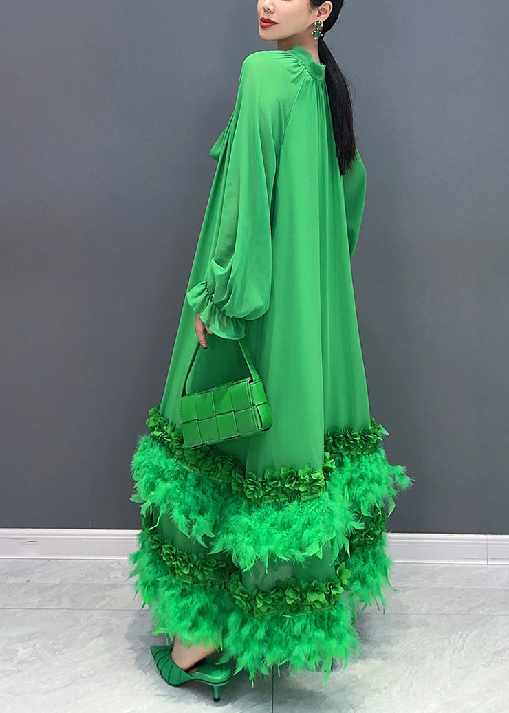 Stylish Green Feather Lace Up Patchwork Chiffon Maxi Dress Long Sleeve